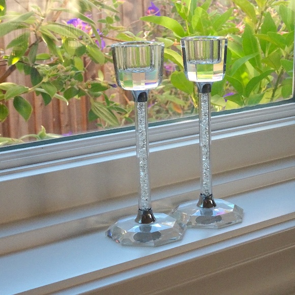 New in Box Set of 2 Simon Design Clear Crystal Diamond Stem Candlestick Holders - Picture 4 of 11